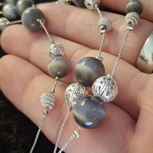 Elegant Silver, Grey and Lavander Beaded Necklace Multi Layered